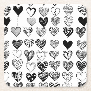 Adorable Black Heart Scribble Drawing Square Paper Coaster