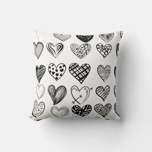 Adorable Black Heart Scribble Drawing Throw Pillow (Front)