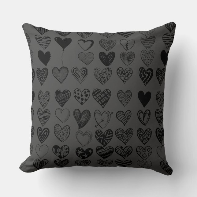 Adorable Black Heart Scribble Drawing Throw Pillow (Front)