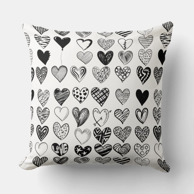 Adorable Black Heart Scribble Drawing Throw Pillow (Front)