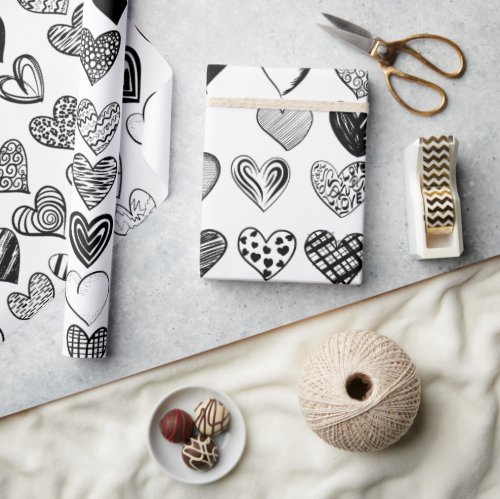 Adorable Black Heart Scribble Drawing Wrapping Paper