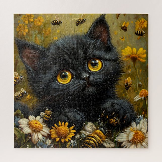 Adorable Black Kitten Among Flowers Jigsaw Puzzle (Vertical)
