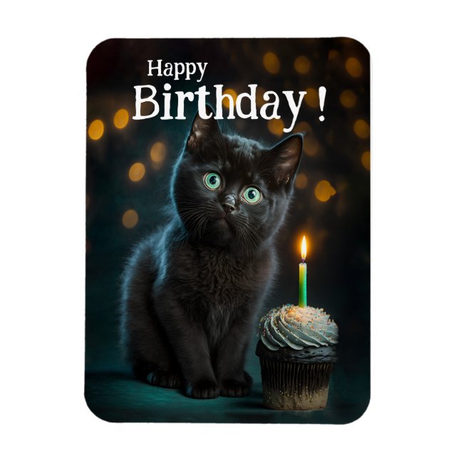Adorable Black Kitten Birthday, Customizable Magnet (Vertical)