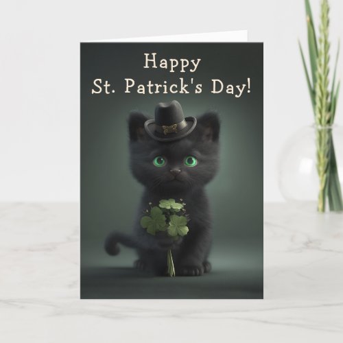 Adorable Black Kitten on St Patricks Day Holiday Card