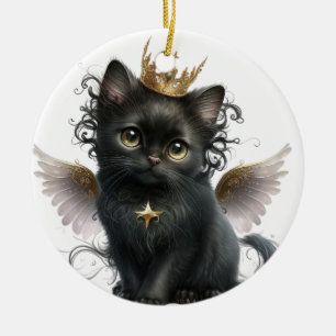 ADORABLE BLACK KITTEN WITH ANGEL WINGS CERAMIC ORNAMENT