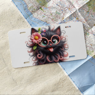 ADORABLE BLACK KITTY CAT WITH CRAZY HAIR LICENSE PLATE