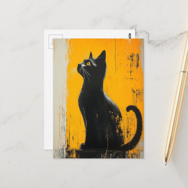 adorable black kitty grunge yellow background postcard (Front/Back In Situ)