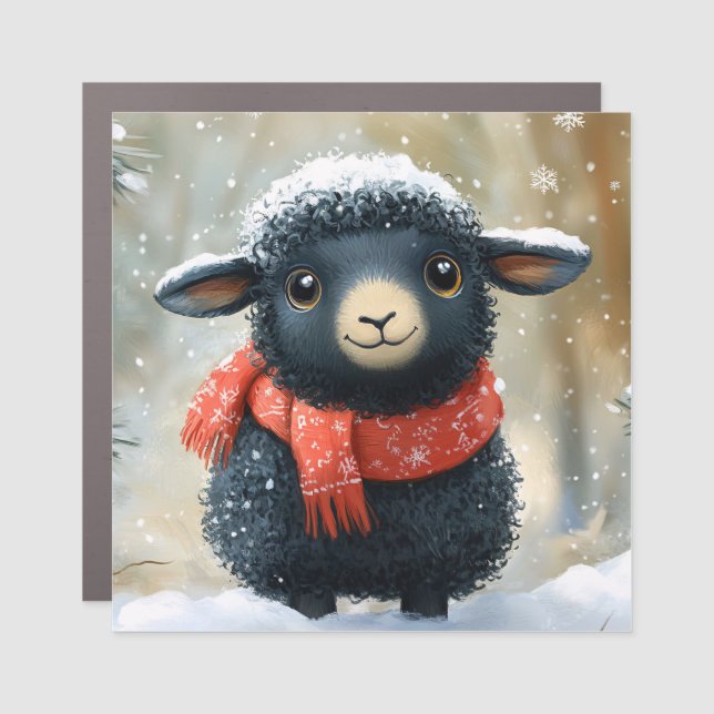 Adorable Black Lamb With Red Scarf Car Magnet (Front)