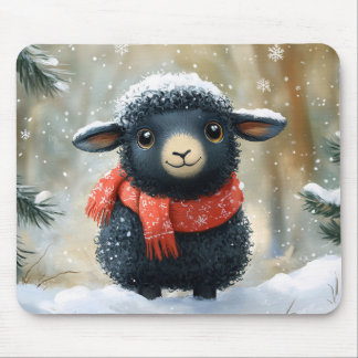 Adorable Black Lamb With Red Scarf Mouse Pad
