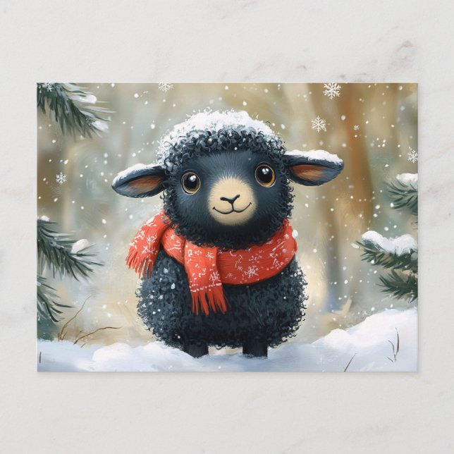 Adorable Black Lamb With Red Scarf Postcard (Front)