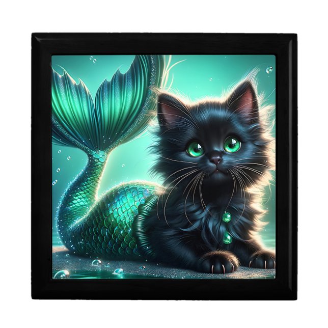 “Adorable Black Mermaid Kitten with Green Eyes" Gift Box (Front)