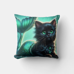 “Adorable Black Mermaid Kitten with Green Eyes" Throw Pillow