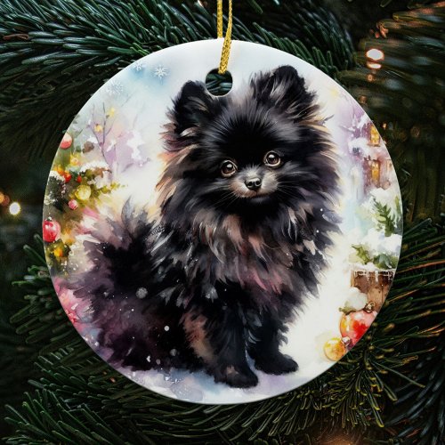 Adorable Black Pomeranian Watercolor Christmas Ceramic Ornament