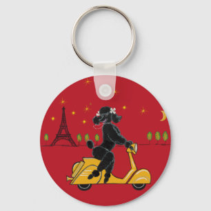 Adorable Black Poodle on a  in Paris Keychain