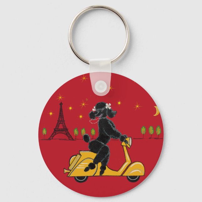 Adorable Black Poodle on a  in Paris Keychain (Front)