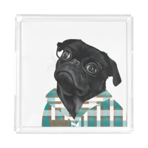 Adorable Black Pug With Glasses and Shirt Acrylic Tray