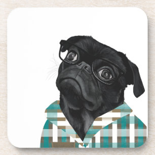 Adorable Black Pug With Glasses and Shirt Beverage Coaster