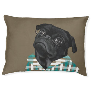 Adorable Black Pug With Glasses and Shirt Pet Bed