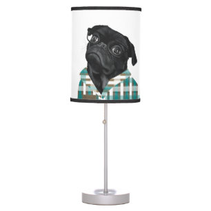 Adorable Black Pug With Glasses and Shirt Table Lamp