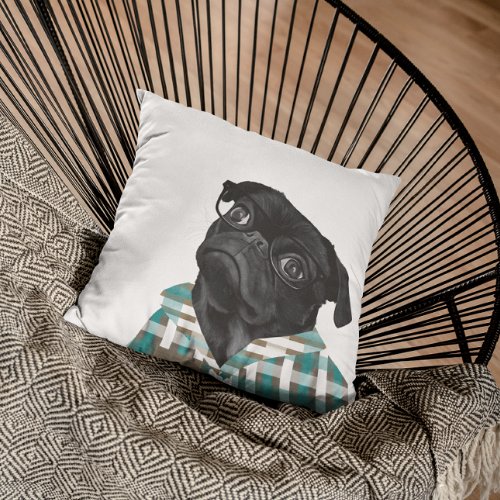 Adorable Black Pug With Glasses and Shirt Throw Pillow