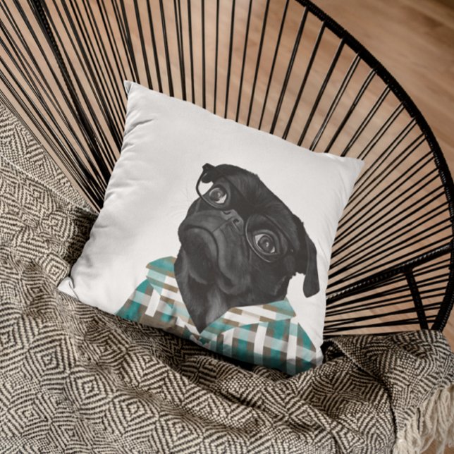 Adorable Black Pug With Glasses and Shirt Throw Pillow (Creator Uploaded)