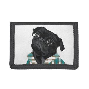 Adorable Black Pug With Glasses and Shirt Trifold Wallet