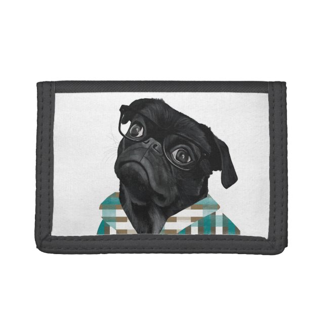 Adorable Black Pug With Glasses and Shirt Trifold Wallet (Front)