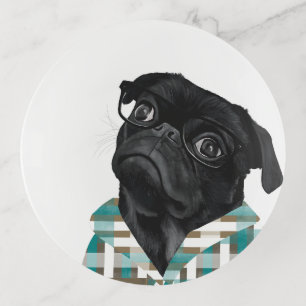 Adorable Black Pug With Glasses and Shirt Trinket Tray