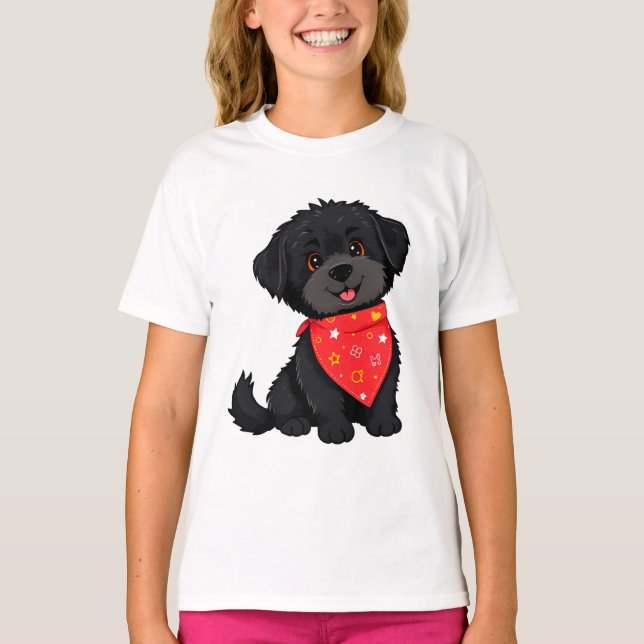 Adorable Black Puppy Wearing a Red Bandana T-Shirt (Front)