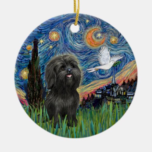 Adorable Black Shih Tzu in Starry Night Adaptation Ceramic Ornament