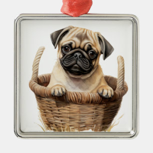 ADORABLE BLACK & TAN PUG PUPPY DOG METAL ORNAMENT