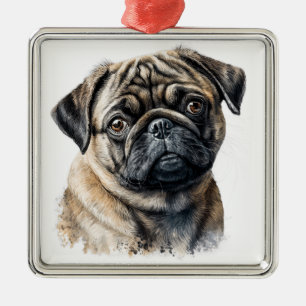 ADORABLE BLACK & TAN PUG PUPPY DOG METAL ORNAMENT