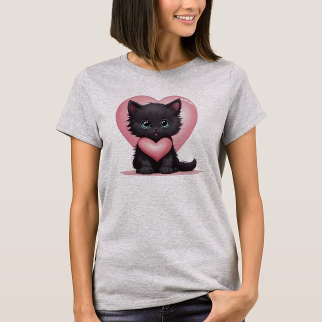 Adorable Black Valentine Kitten T-Shirt (Front)