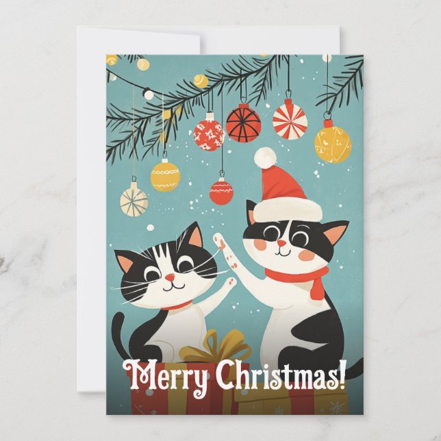 Adorable Black White Cats Christmas Ornaments Tree Holiday Card (Front)