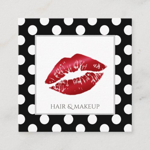Adorable black white polka dots red lips square business card