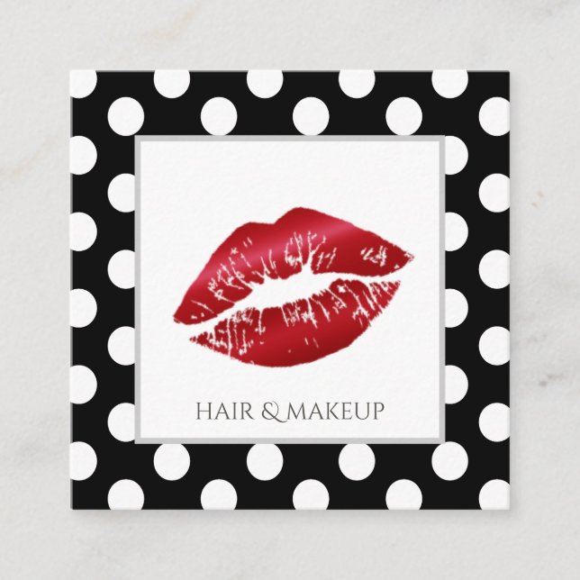 Adorable black white polka dots red lips square business card (Front)