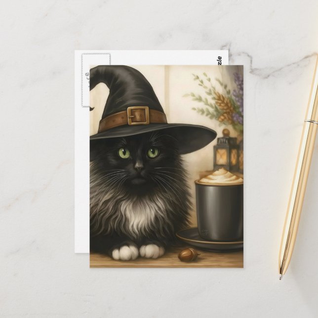 Adorable Black Witch Cat and a Coffee Postcard (Front/Back In Situ)