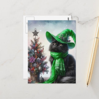 Adorable Black Witch Cat and a Yule Tree Postcard
