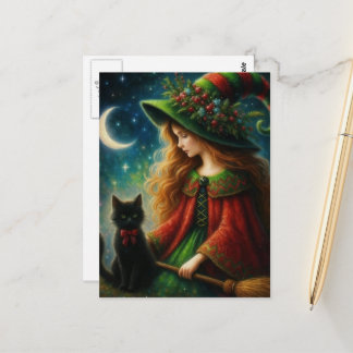 Adorable Black Witch Cat and a Yule Witch Postcard
