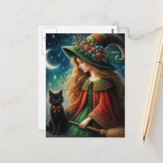 Adorable Black Witch Cat and a Yule Witch Postcard