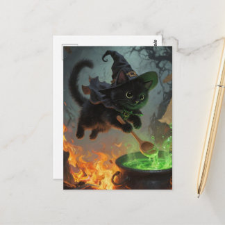 Adorable Black Witch Cat Making Potions Postcard