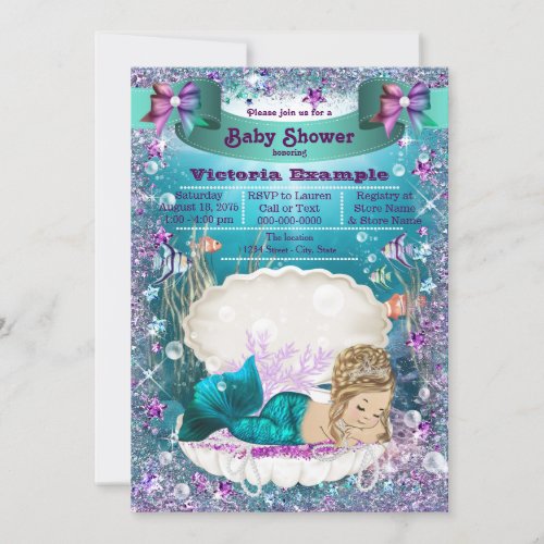 Adorable Blonde Mermaid Princess Baby Shower Invitation