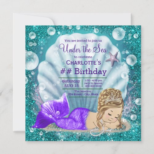 Adorable Blonde Mermaid Under the Sea Birthday Invitation