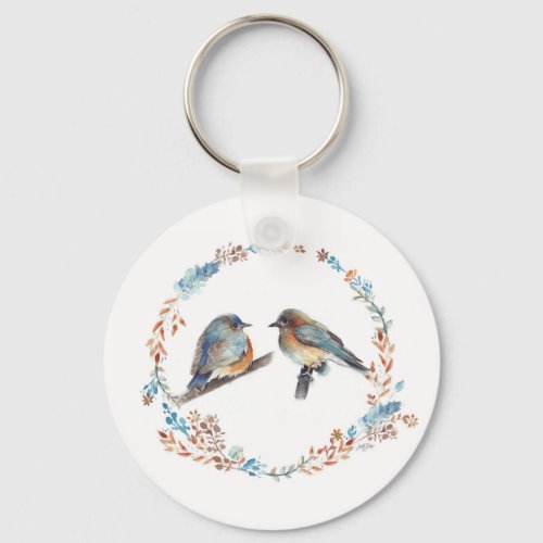 Adorable Blue Bird Couple Watercolor Art Keychain