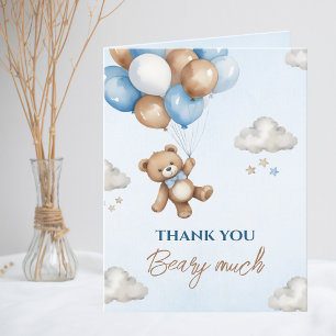 Adorable Blue Brown Bear Ballons Baby Shower  Letterpress Thank You Card