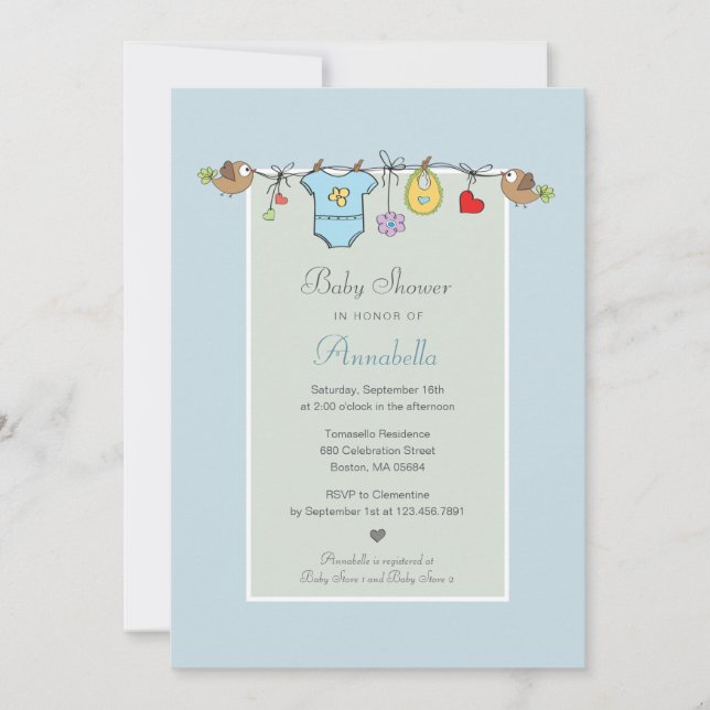 Adorable Blue Clothesline Bring A Book Baby Shower Invitation (Front)