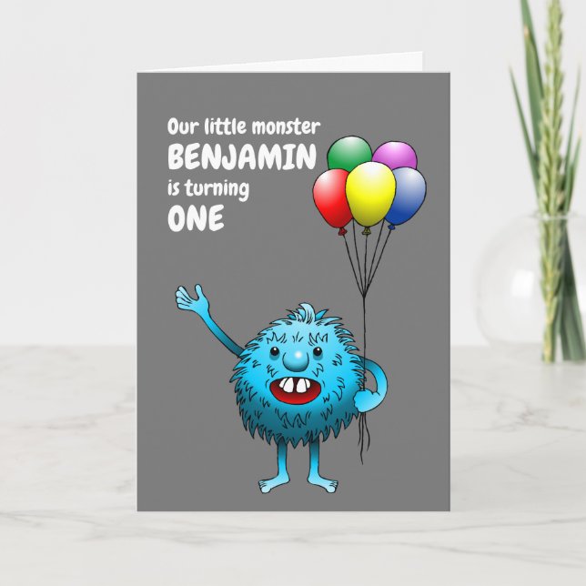 Adorable Blue Creature holding Balloons Invitation (Front)