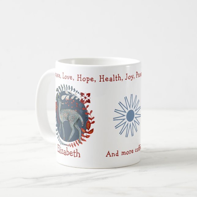Adorable Blue Deer And Plants. Unique And Funny Coffee Mug (Front Left)