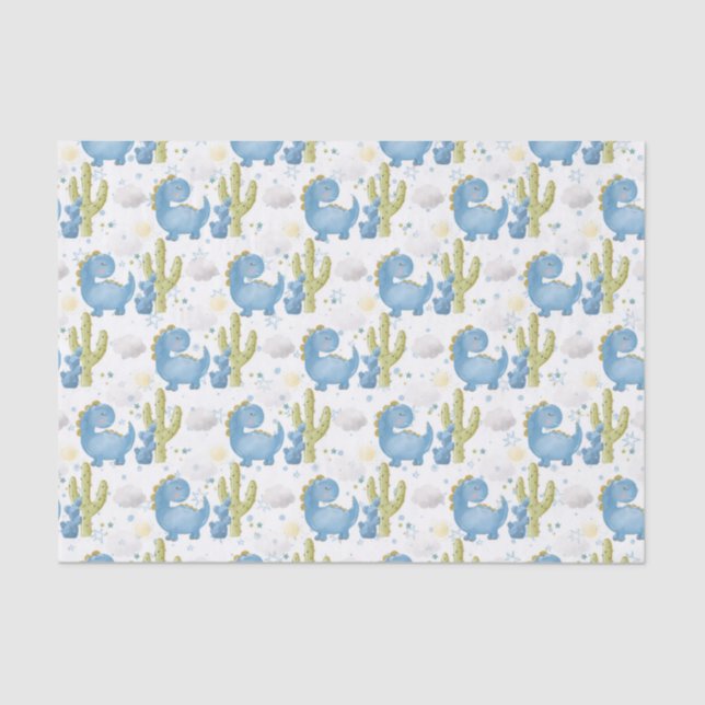 ADORABLE BLUE DINOSAURS & GREEN CACTUS TISSUE PAPER (Front)