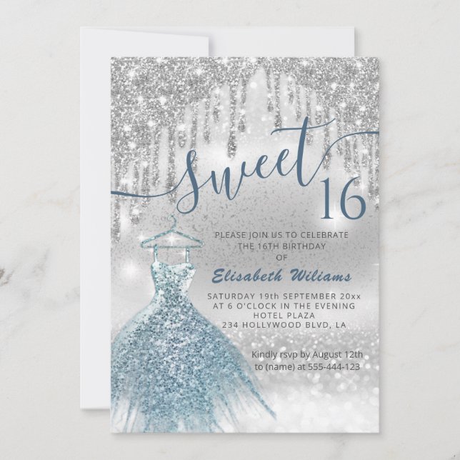 Adorable blue dress silver glittery drips ombre in invitation (Front)